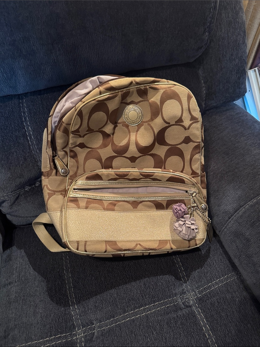 Coach Signature Canvas Mini Backpack in Tan and Brown with Charm